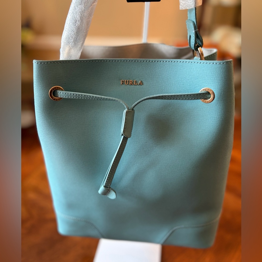 Furla Aquamarine Stacy Leather Drawstring Bucket Bag with Pouch - Picture 5 of 13